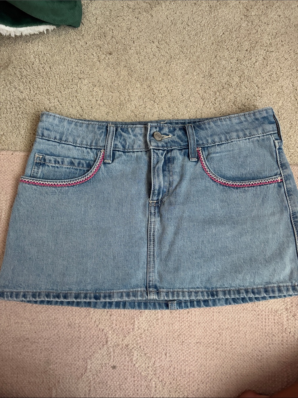 Hollister Light Blue Denim Mini Skirt with Pink Pocket Trim